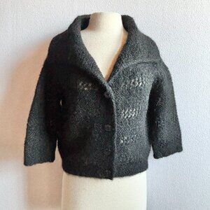1950s 1960s Black Mohair Hand Knit Cropped Cardigan Sweater